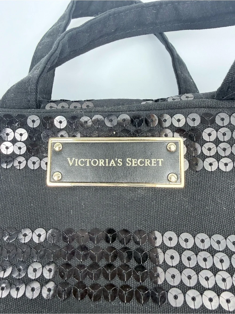 Victoria's Secret Black Canvas Sequin Stripe Double Handle Zip Toiletry Bag
